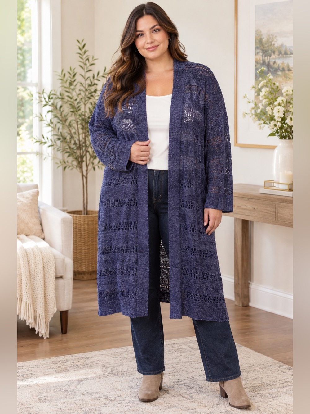 Old Navy Open-Front Long-Line Pointelle Sweater Navy Blue XXL